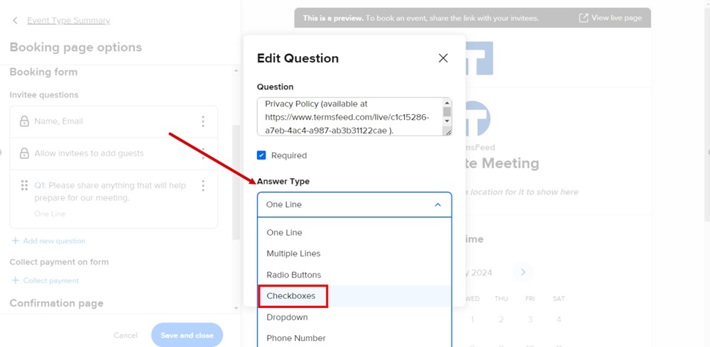 TermsFeed Calendly - Event - Edit question window - For Answer type select Checkboxes