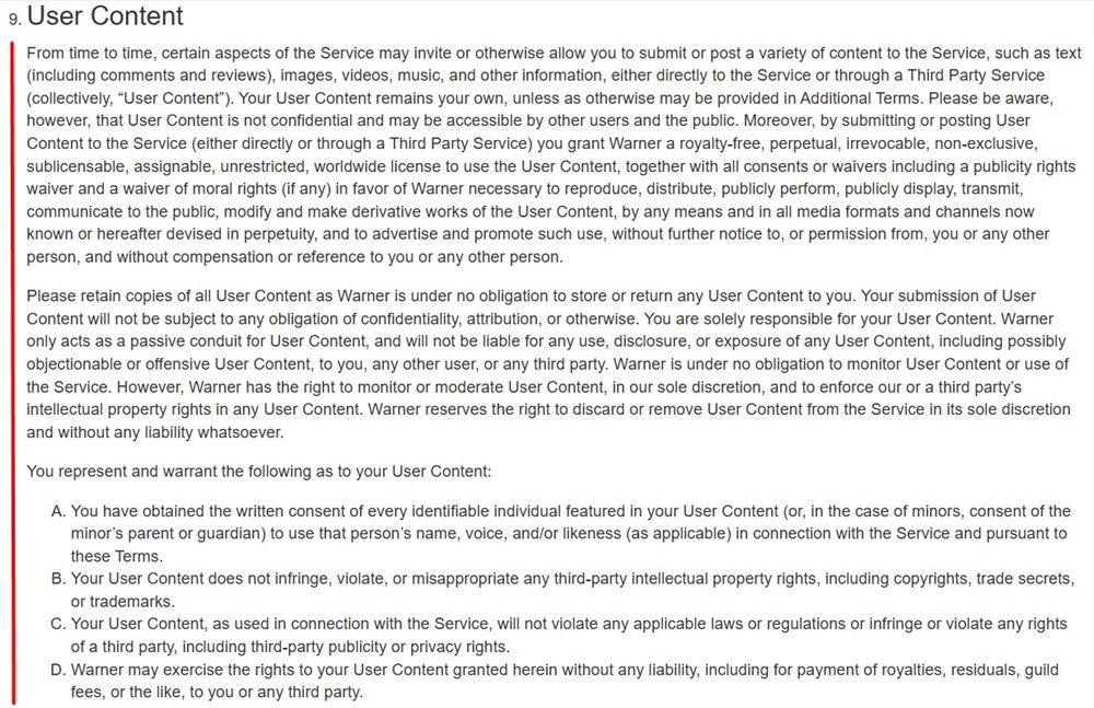Warner Bros Terms of Use: User Content clause