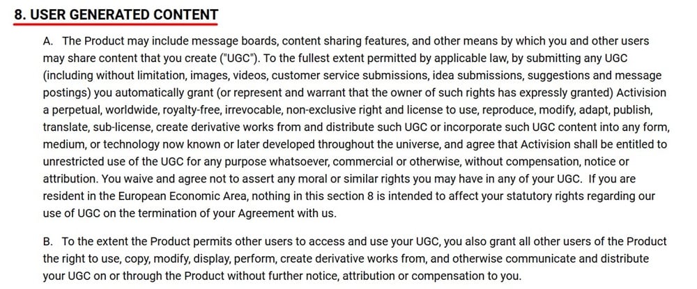 Activision Terms of Use: User Generated Content clause