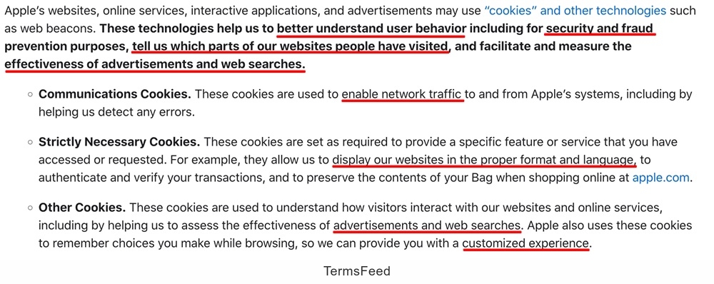 Apple Privacy Policy: Cookies use clause