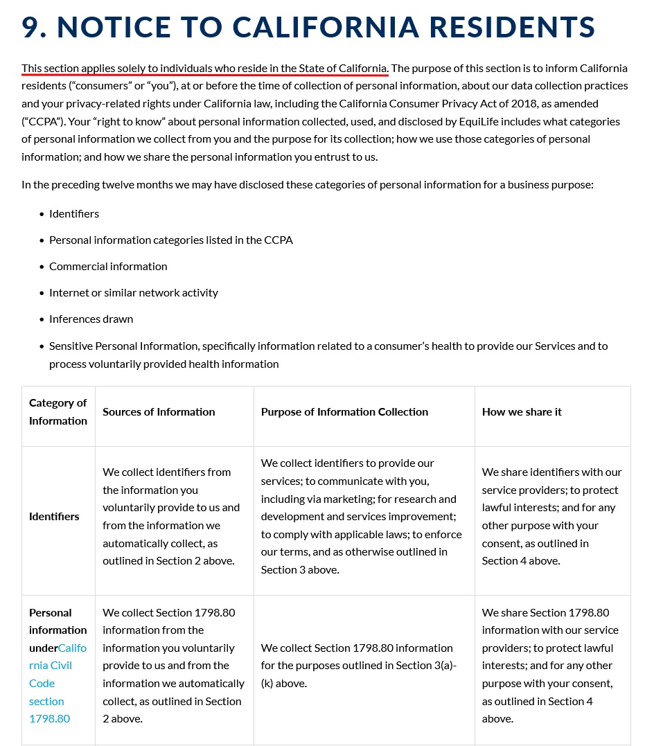 EquiLife Privacy Policy: Notice to California residents clause