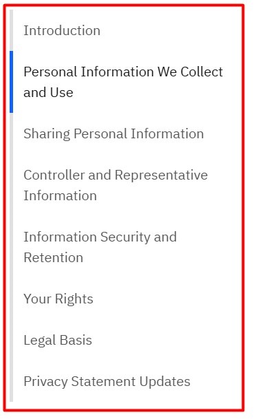 IBM Privacy Statement Table of Contents
