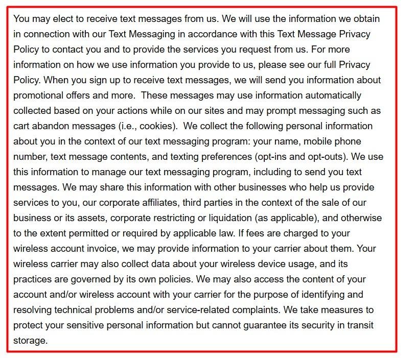 Excerpt of MoMA Design Store Text Message Privacy Policy