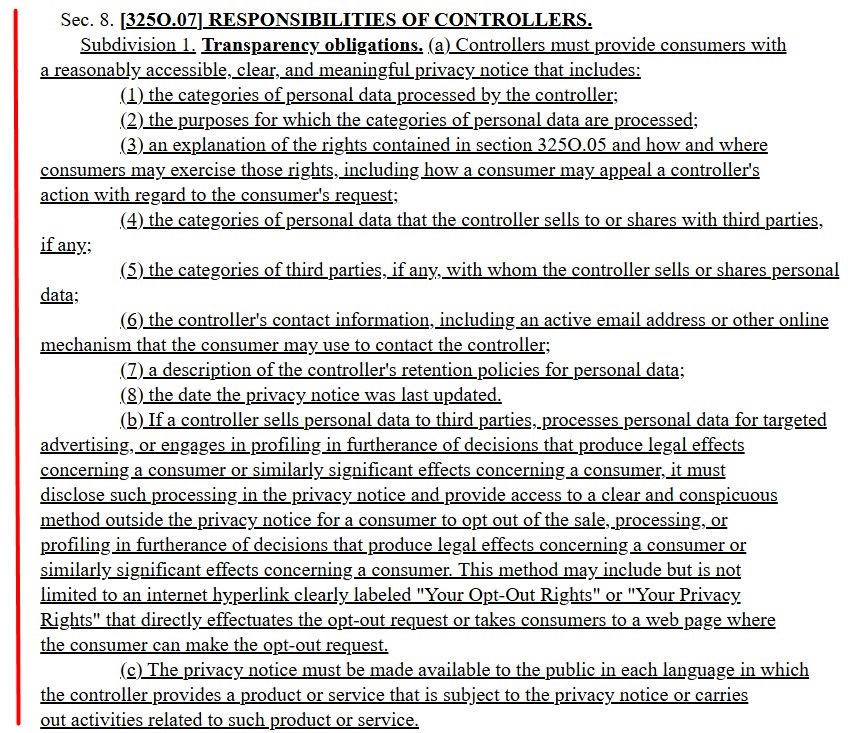 Section 8 325O 07 Subdivision 1 of the MCDPA: Responsibilities of Controllers excerpt