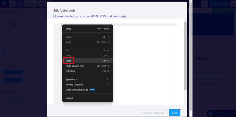 TermsFeed Systeme - Blog layout - Footer - Settings - Edit footer code window - paste