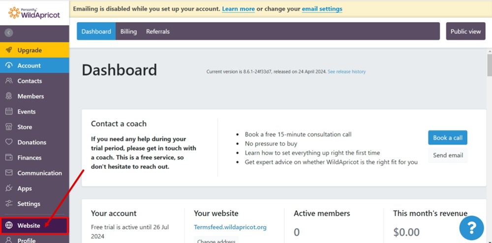TermsFeed WildApricot - Admin Dashboard - Website
