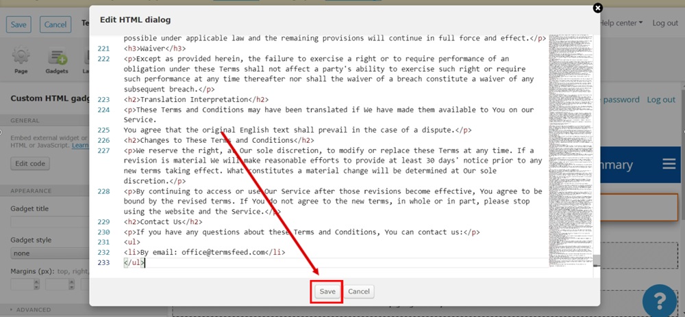 TermsFeed WildApricot - Website - Site Pages - Terms and Conditions page - Custom HTML gadget - Edit code window dialog - Paste - Save