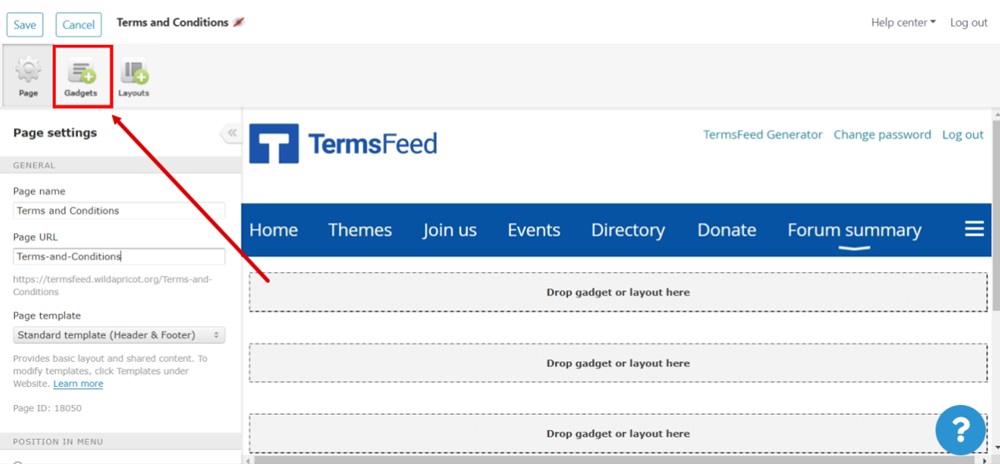 TermsFeed WildApricot - Website - Site Pages - Terms and Conditions page - Gadgets tab
