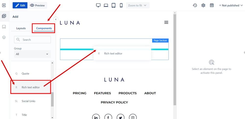 WebSight Demo Luna - Page editor - Switch to the Components tab, select Rich text editor, and drag and drop it into the Page section