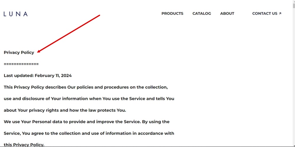 WebSight Demo Luna - View Published - Privacy Policy page displayed