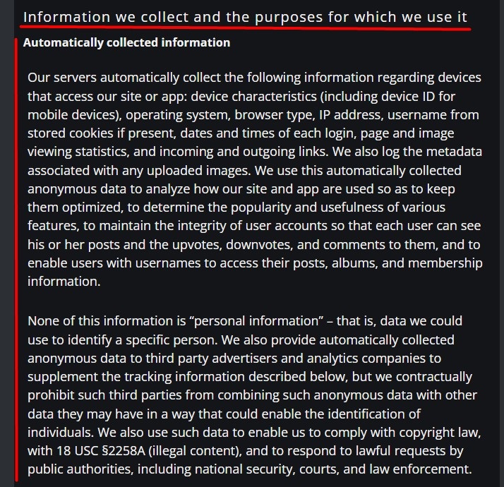 Imgur Privacy Policy: Information we collect clause