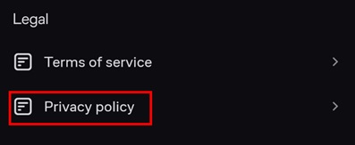 Mobile legal menu with Privacy Policy section highlighted