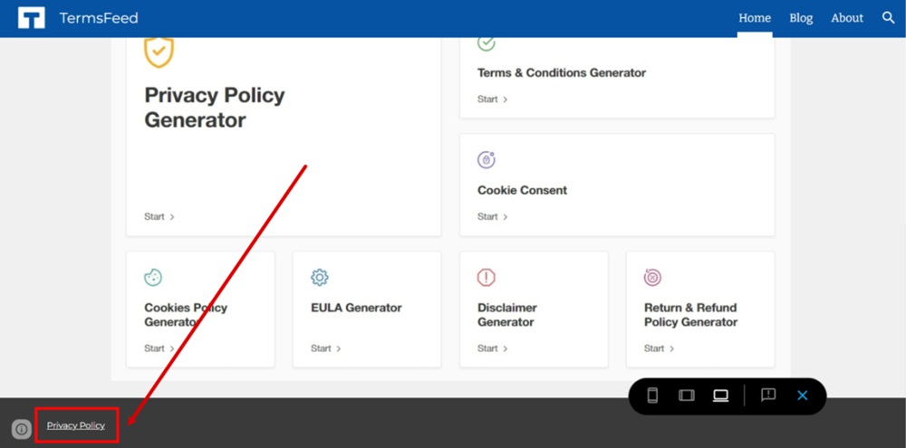 TermsFeed Google Sites Example - Home page - footer - Privacy Policy linked - Preview - Displayed