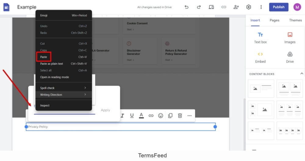 TermsFeed Google Sites Example - Home page - footer - Privacy Policy in the text field and Paste in the Link field