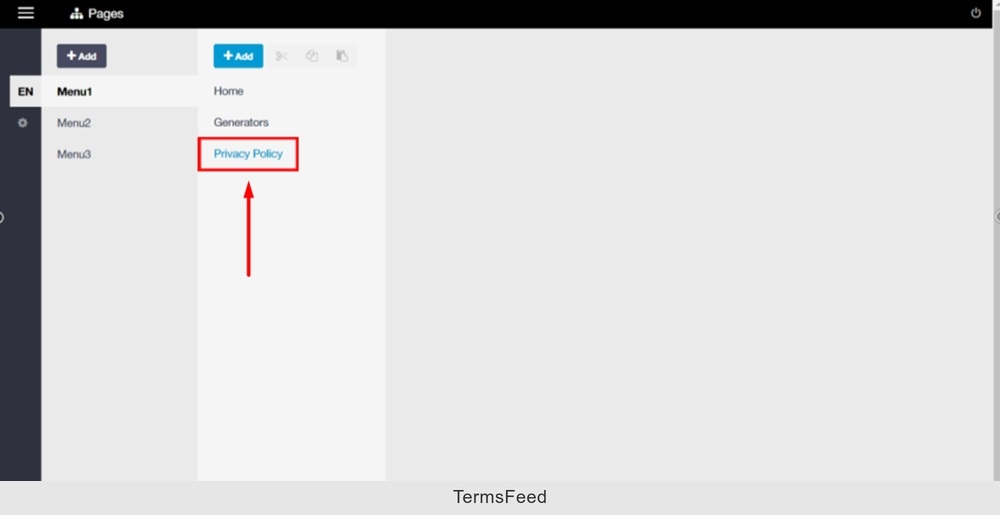 TermsFeed ImpressPages - Admin menu - Pages - Privacy Policy page added and selected