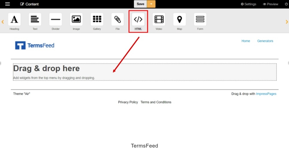 TermsFeed ImpressPages - Admin menu - Pages - Privacy Policy page - Edit Content - Drag and drop HTML