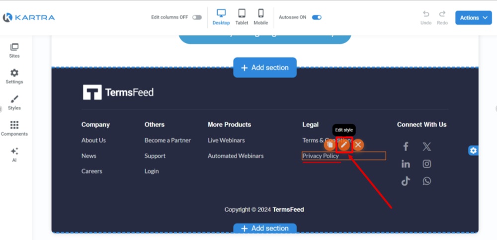 TermsFeed Kartra - Home page - Edit - Footer - Privacy Policy - Edit style