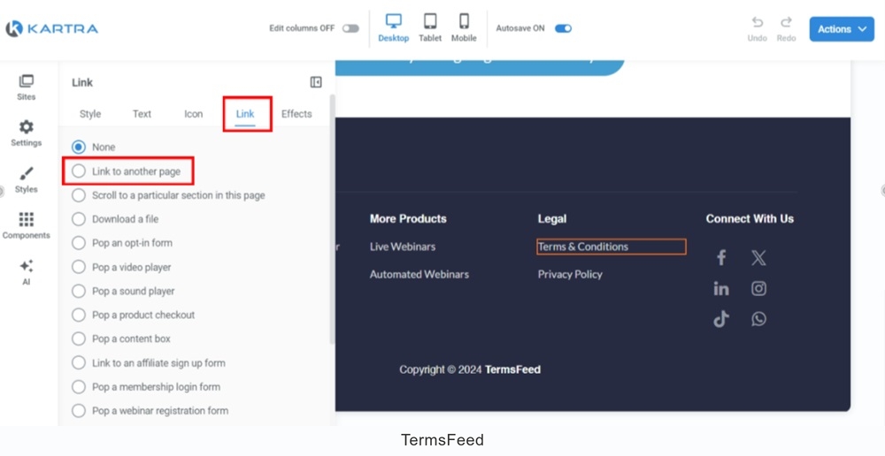 TermsFeed Kartra - Home page - Edit - Footer - Terms and Conditions - Edit style - Link tab - Link to another page