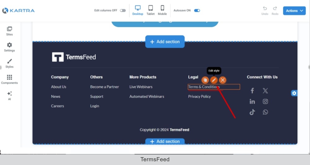 TermsFeed Kartra - Home page - Edit - Footer - Terms and Conditions - Edit style