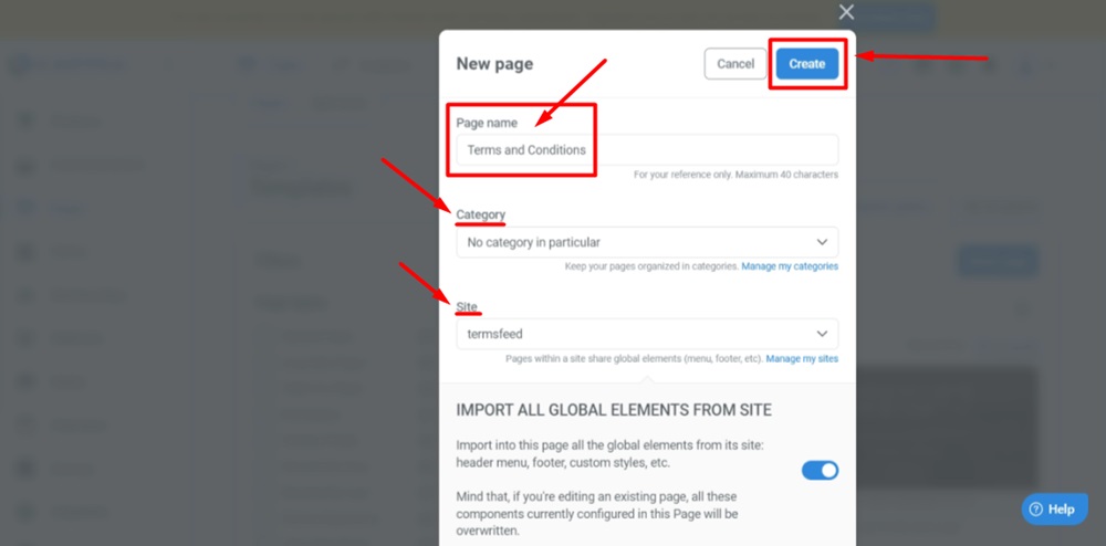 TermsFeed Kartra - Pages - Add new - templates - Blank page - a window opens - Type Terms and Conditions as the Page name, select category and site, and click Create