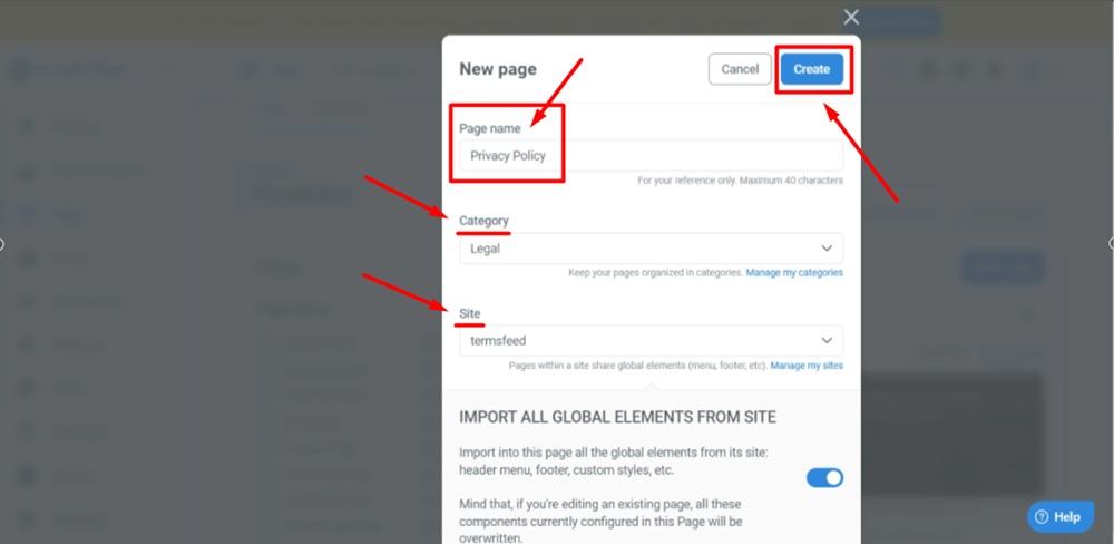 TermsFeed Kartra - Pages - Add new - templates - Blank page - a window opens - Type Privacy Policy as the Page name, select category and site, and click Create
