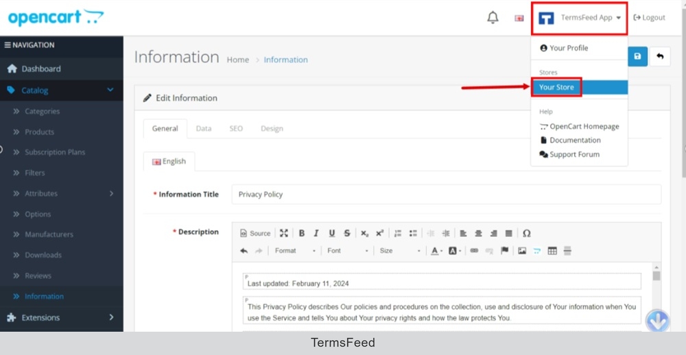 TermsFeed OpenCart - Information - Privacy Policy - Edit - Description editor - Source code - Added - Profile - Your store selected