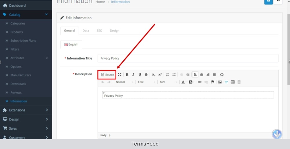 TermsFeed OpenCart - Information - Privacy Policy - Edit - Description editor - Source