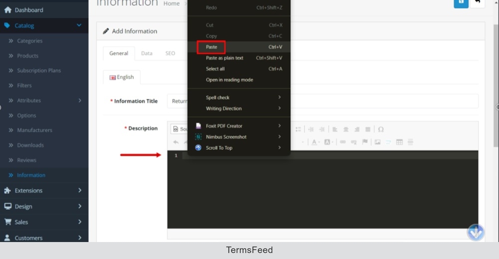 TermsFeed OpenCart - Information - Return and Refund Policy - Edit - Description editor - Source code - Paste