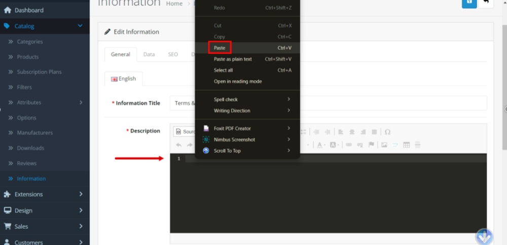 TermsFeed OpenCart - Information - Terms and Conditions - Edit - Description editor - Source code - Paste
