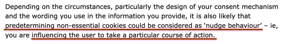 UK ICO: How do we comply with cookie rules guidance - Nudge behavior section