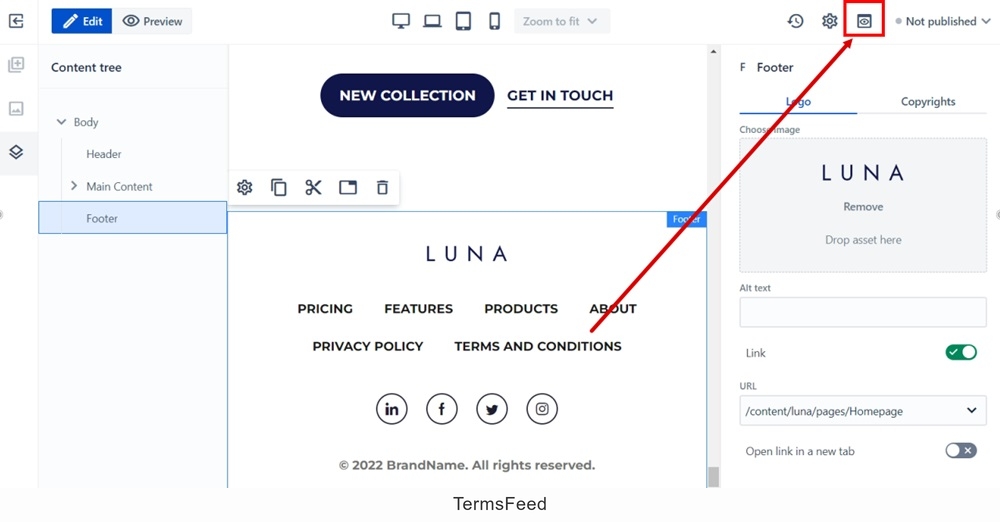 WebSight Demo spaces - Luna - Homepage -  Content tree - Footer - Menu - Terms and Conditions URL added - View published