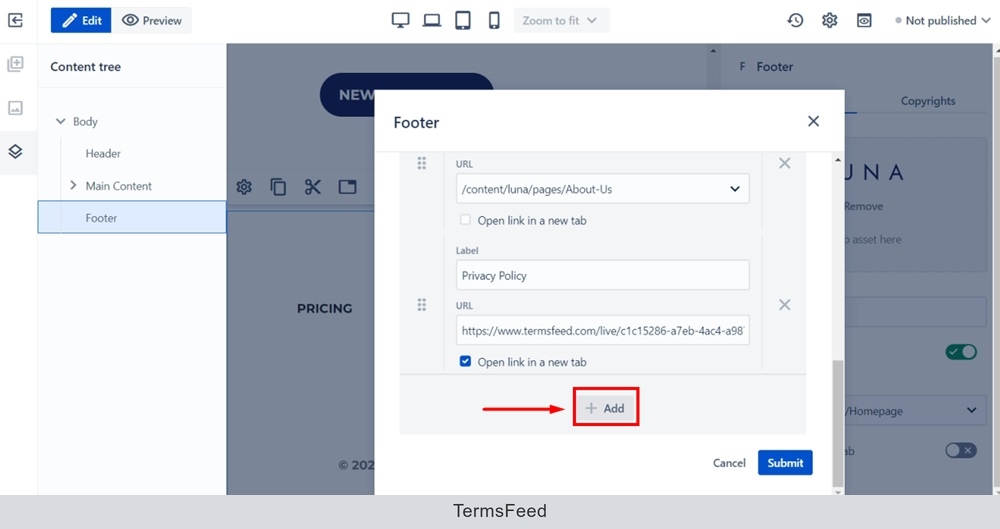 WebSight Demo spaces - Luna - Homepage -  Content tree - Footer - Settings dialog - Menu - Add new selected