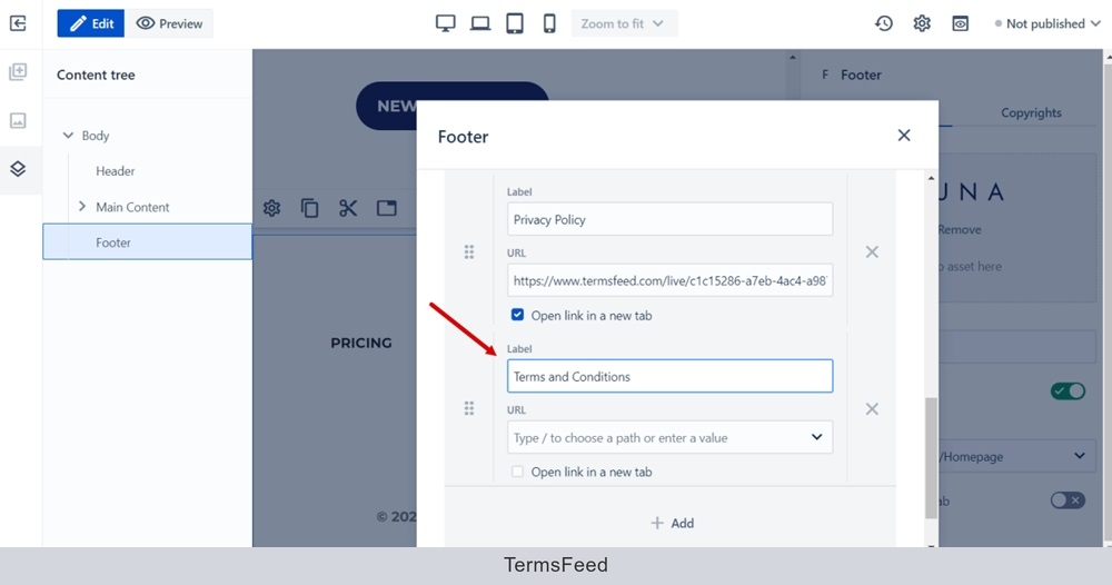 WebSight Demo spaces - Luna - Homepage -  Content tree - Footer - Settings dialog - Menu - Label - Terms and Conditions