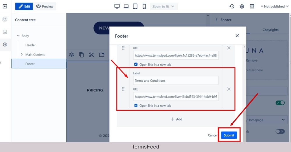 WebSight Demo spaces - Luna - Homepage -  Content tree - Footer - Settings dialog - Menu - Terms and Conditions -  Open in a new tab checked - Submit