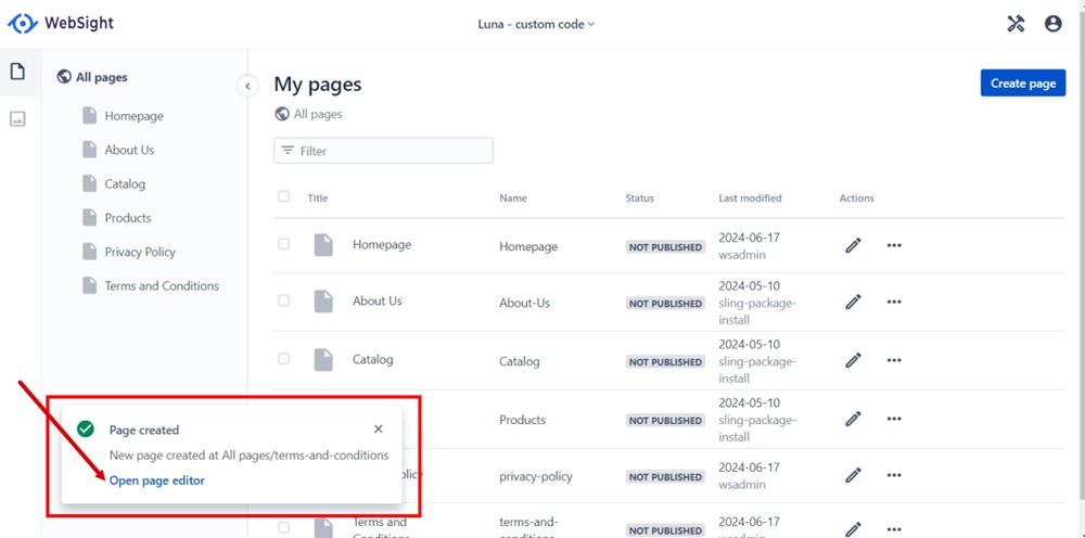 WebSight Demo Luna - Terms and Conditions page created notification - Open page editor link highlighted