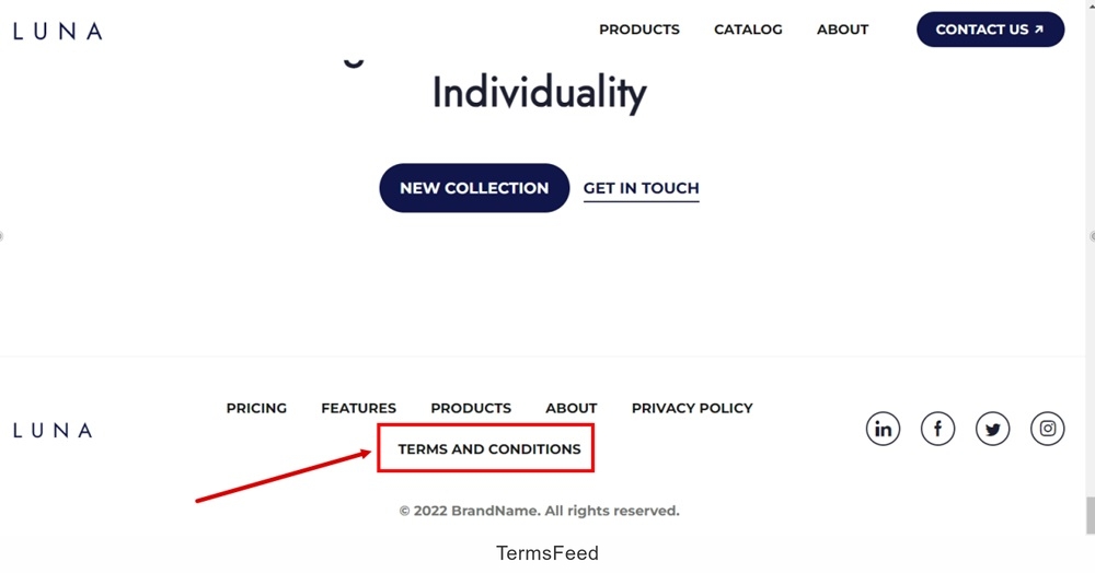 WebSight Demo Luna - View Published - Footer - Terms and Conditions URL displayed