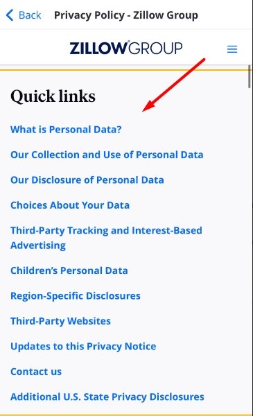 Zillow Privacy Policy table of contents