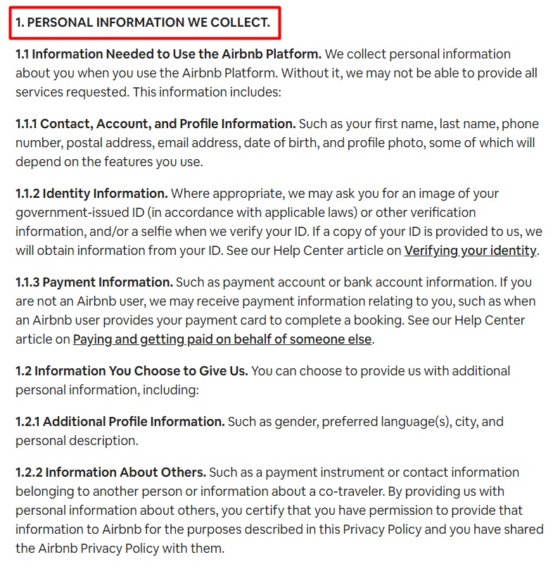 Airbnb Privacy Policy: Personal Information We Collect clause excerpt