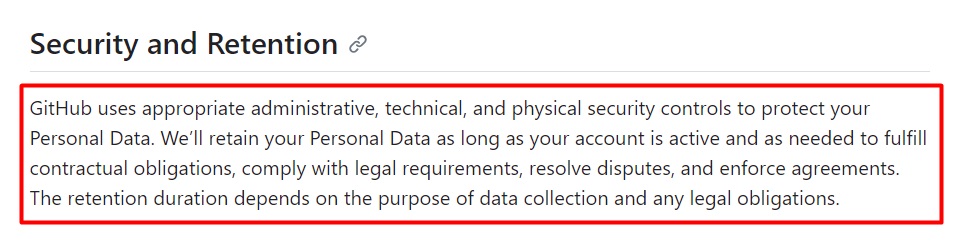 GitHub General Privacy Statement: Security and Retention clause