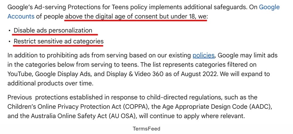 Google Ad Serving Protections for Teens excerpt