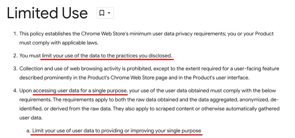 Google Chrome Store Program Policies: Limited Use section