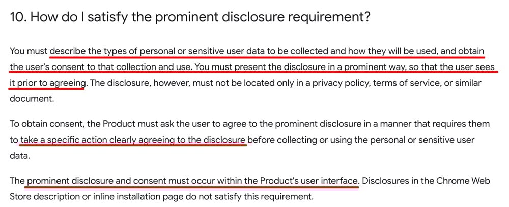 Google Chrome Store Program Policies: How to satisfy prominent disclosure section