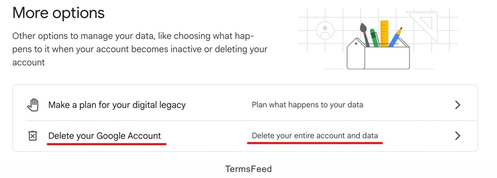 Google Data and Privacy: More options sectionGoogle Data and Privacy: More options section