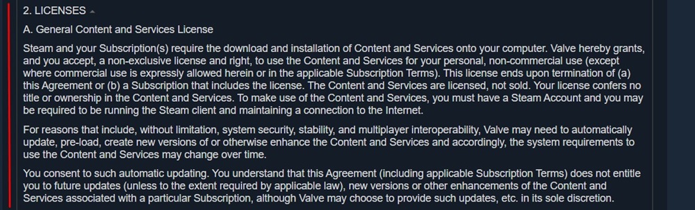 Steam Subscriber Agreement: Licenses clause