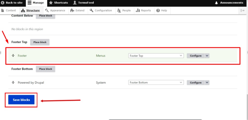 TermsFeed Drupal - Structure - Footer Top - Footer block added - Save blocks