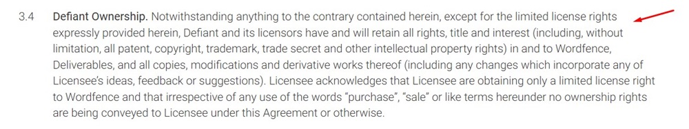 Wordfence License Terms and Conditions agreement: Defiant Ownership clause