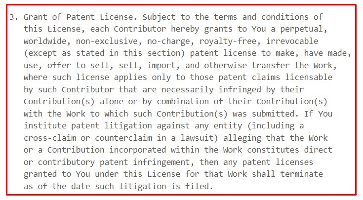 Apache License 2 Terms: Grant of Patent License section