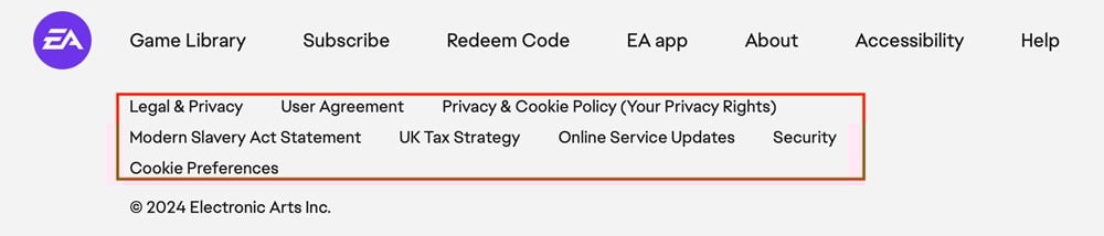 EA website footer with legal agreement links highlighted