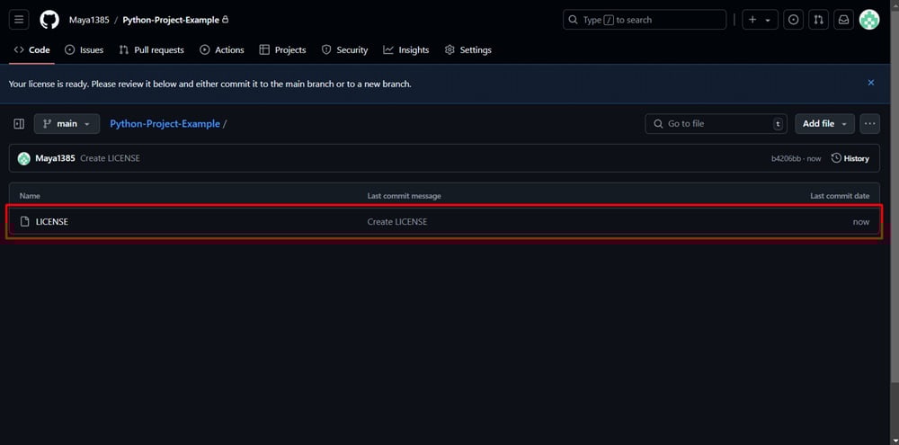 GitHub repository - LICENSE - File - created