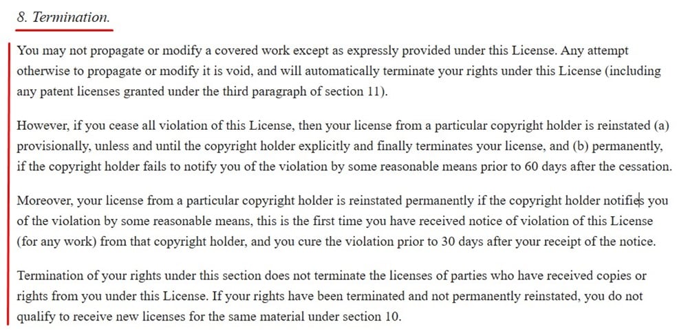 GNU General Public License Agreement v3: Termination section